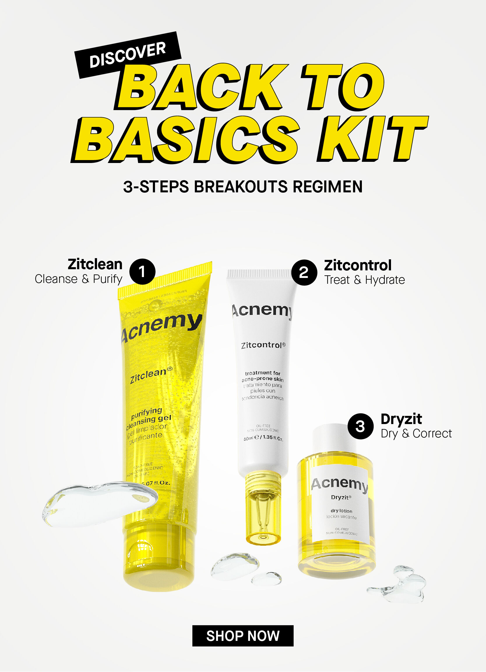  G TO BASICS KIT 3-STEPS BREAKOUTS REGIMEN Zitclean Cleanse Purify Zitcontrol Treat Hydrate Acnem, Zitcontro Dryzit Dry Correct 